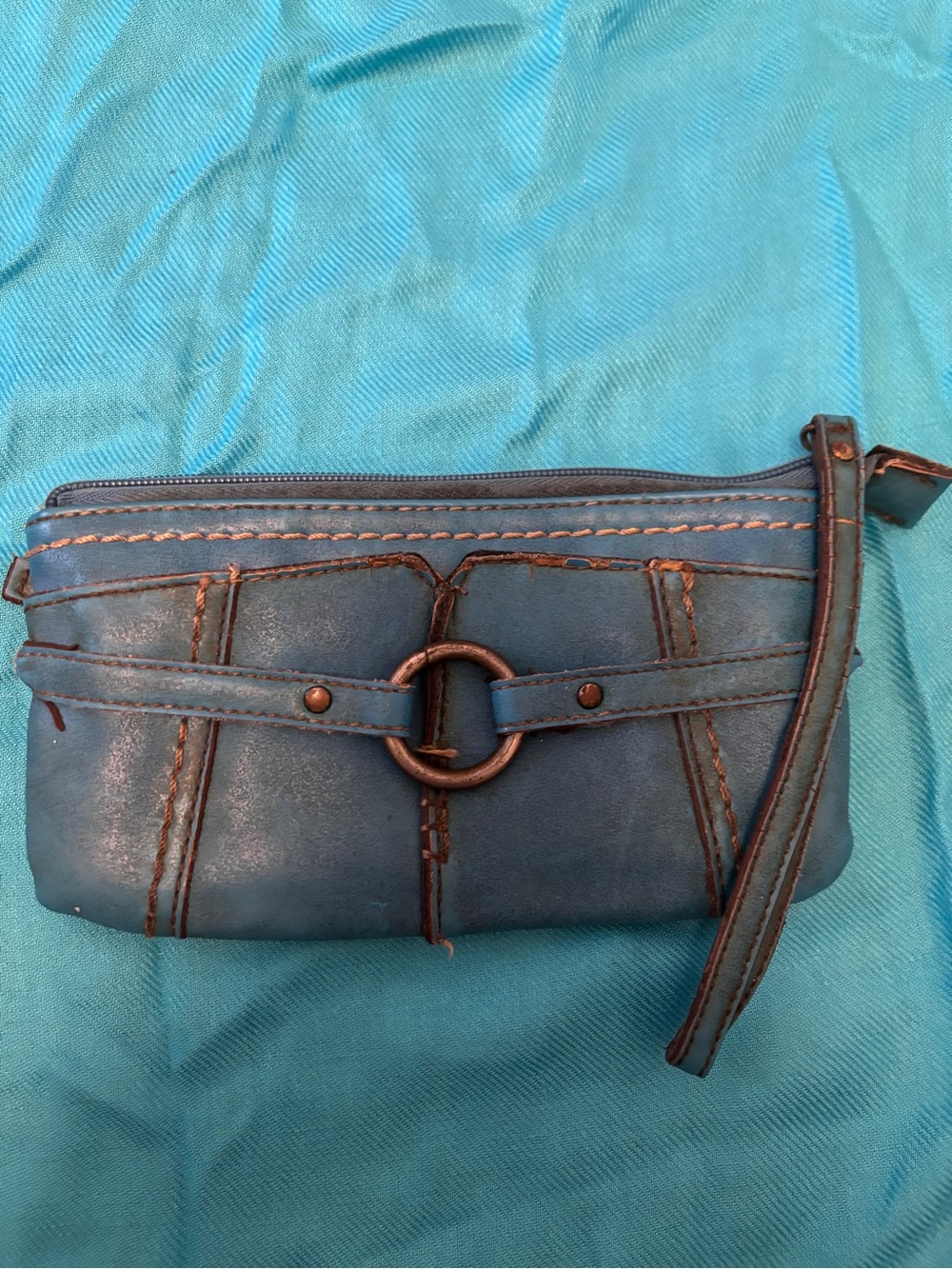 B.O.C Blue Leather Wristlet Clutch with Ring Accent